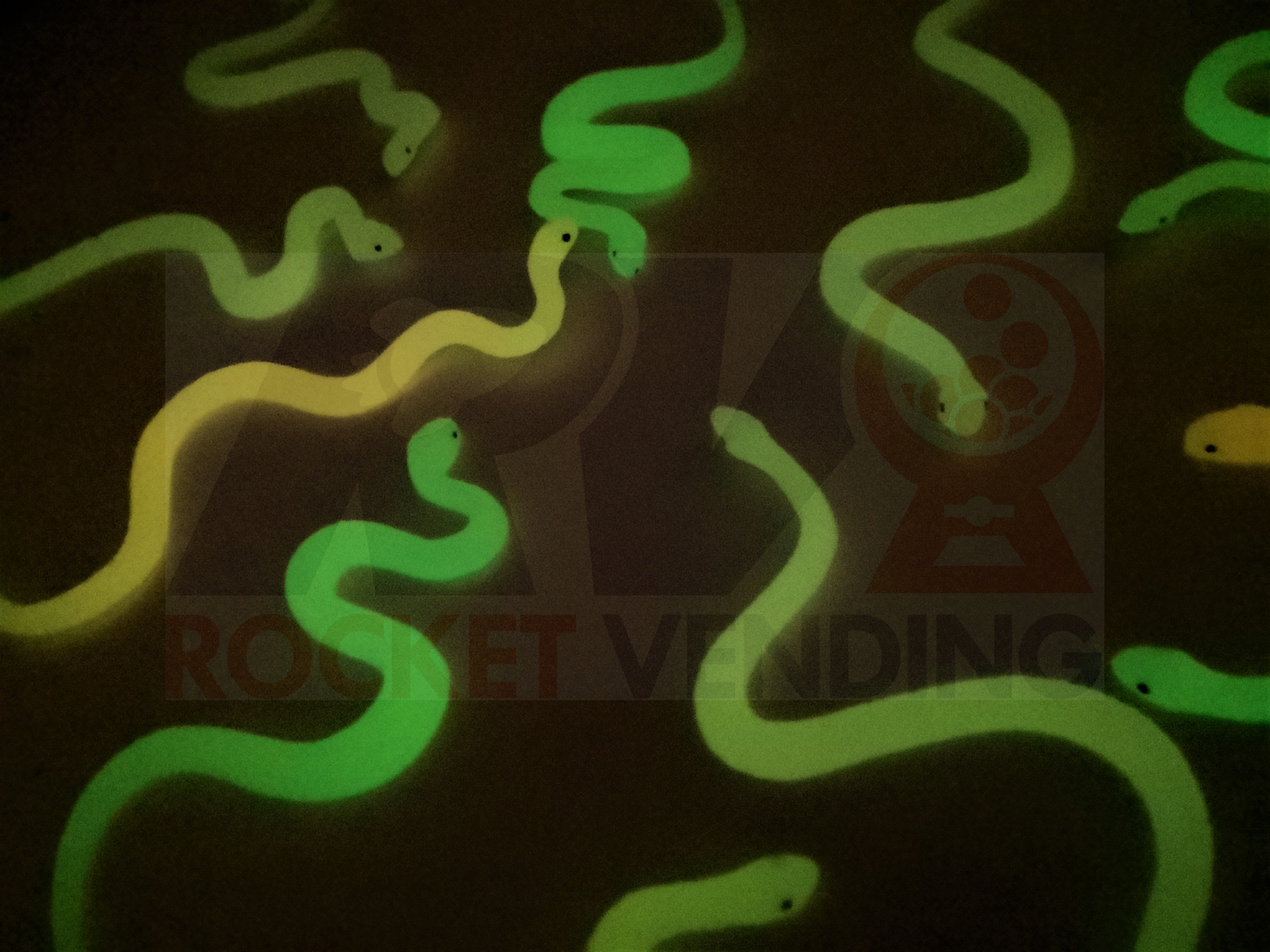 50 Serpientes o viboritas  encapsuladas 2 pulgadas Brillan en la oscuridad juguete 2p - Rocket Vending Todo en Chicleras